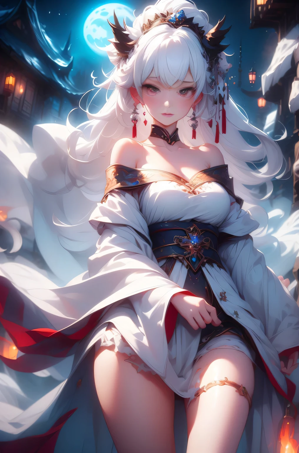 (masterpiece, highest quality:1.2), 1 girl, alone, ((Off-the-shoulder clothing)), ((night)), ((White Hair))lanthanum, Candlelight, Deep in Wonderland,The moonlight pours down like water,fog,The heroine's figure is vaguely visible,Big Breasts,Cute face,Slightly upturned corners of the mouth,Like a fairy,Clothes Fluttering,Her hair is casually tied back,A few strands of hair are swaying gently in the wind,((Royal Costume、Thick fabric,Royal family in hanbok)):1.5、Beautiful cleavage