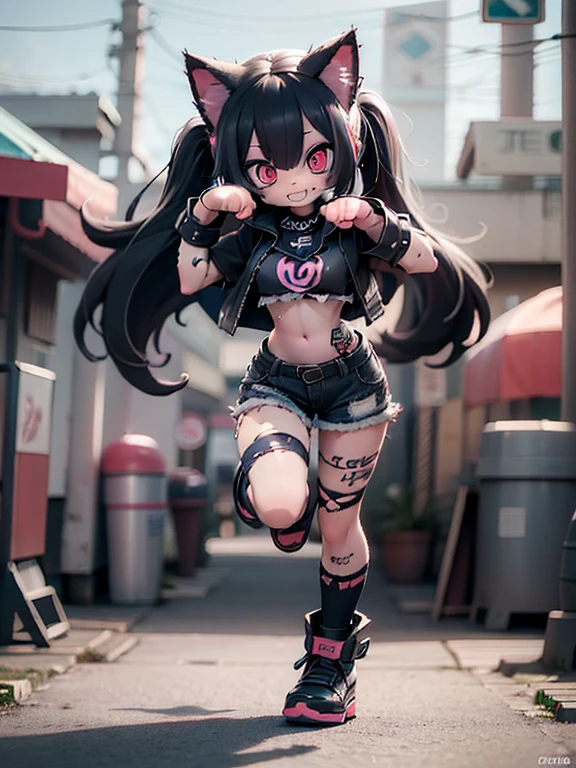 2d,solo,1female\(cute,kawaii,age of 16,evil smile,floating hair,messy hair,(black hair:1.2),long hair,twin tails hair,pale skin,skin color blue,red eyes,eyes shining,big eyes,(ripped clothes:1.5),tight tube top,(breast:1.4),tight hot pants,(stomach shown:1.4),(punk fashion:1.4),fluffy black cat-ear,(dynamic pose:1.4),cute pose,devils smile,open mouth,better hands,Perfect Hands,full body\), BREAK ,background\(outside,noisy city,backstreet,narrow street,(dark:2.0),neon lights\),[chibi],[nsfw:2.0],quality\(8k,wallpaper of extremely detailed CG unit, ​masterpiece,hight resolution,top-quality,top-quality real texture skin,hyper realisitic,increase the resolution,RAW photos,best qualtiy,highly detailed,the wallpaper/),(close up:1.0),from below