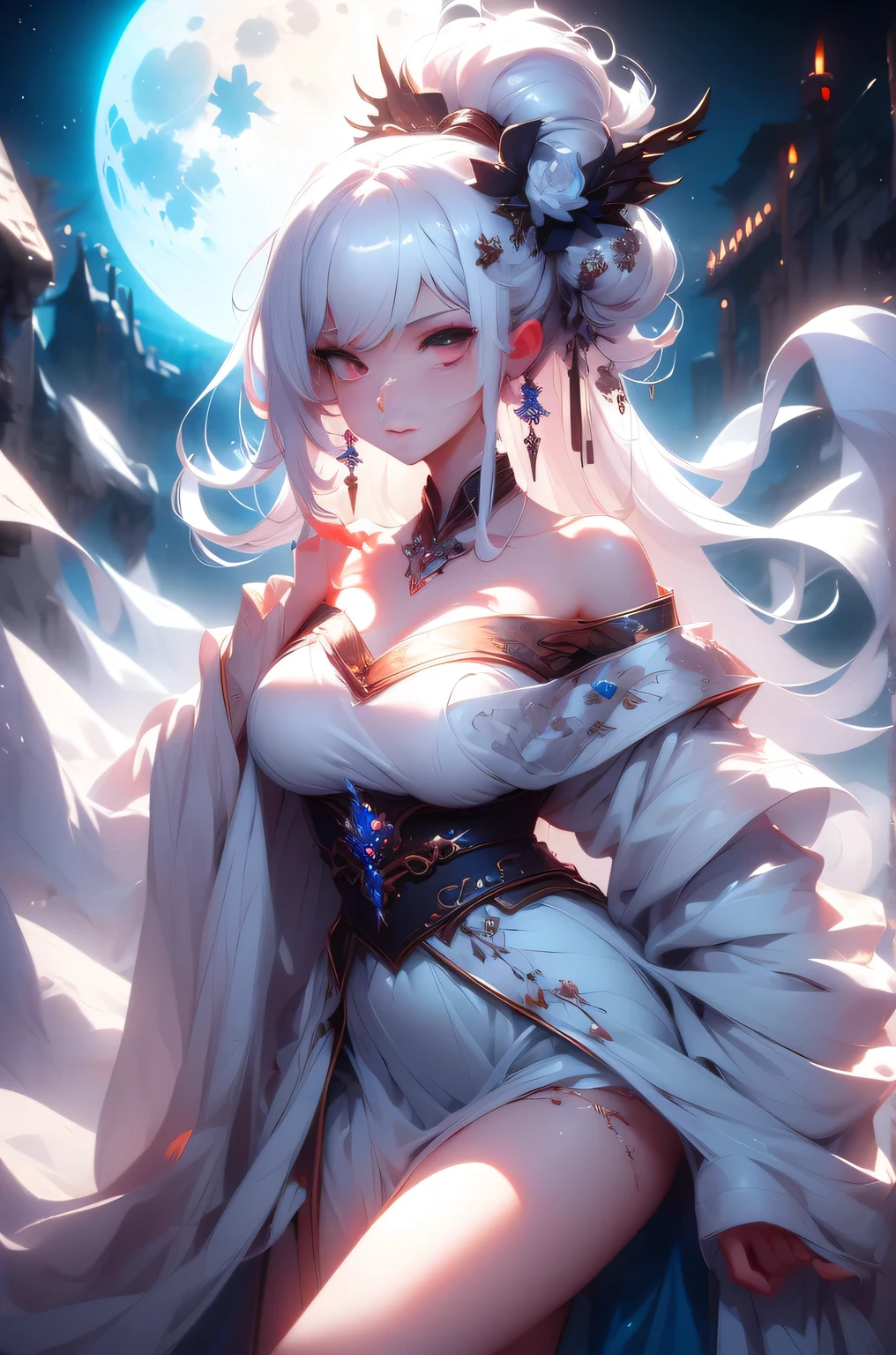 (masterpiece, highest quality:1.2), 1 girl, alone, ((Off-the-shoulder clothing)), ((night)), ((White Hair))lanthanum, Candlelight, Deep in Wonderland，The moonlight pours down like water，fog，The heroine&#39;s figure is vaguely visible，Big Breasts,Cute face，Slightly upturned corners of the mouth，Like a fairy,Clothes Fluttering，Her hair is casually tied back，A few strands of hair are swaying gently in the wind，((Royal Costume、Thick fabric,Royal family in hanbok)):1.5、Beautiful cleavage
