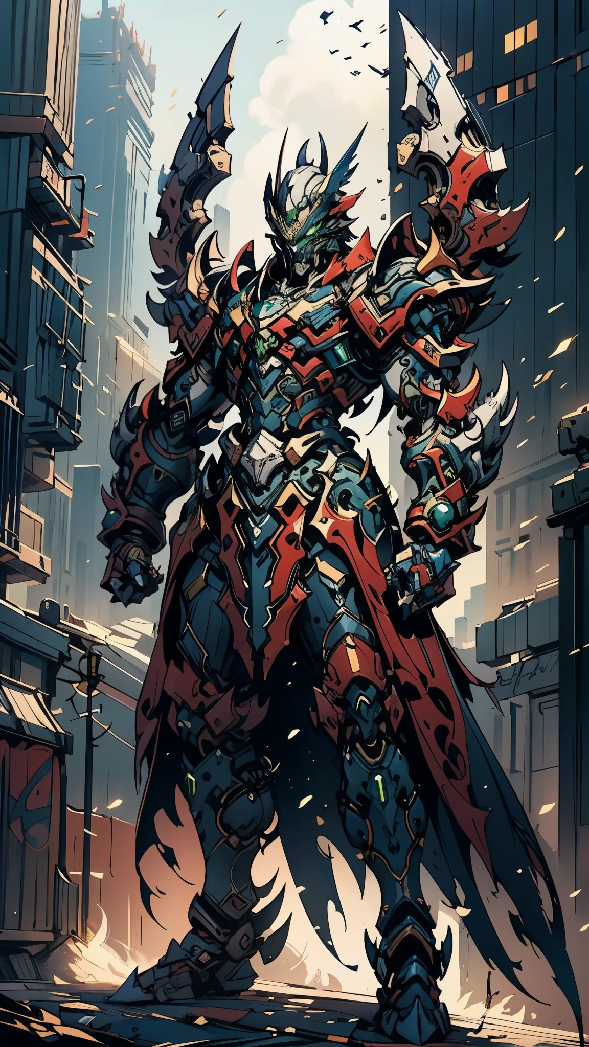 A man wearing a full-face helmet, a fantasy-style biotech armored combat suit, green eyes, (a composite layered chest armor), fully enclosed shoulder guards, matching arm and leg guards, the belt is adorned with Falcon Wing, (the color scheme is primarily white with red and blue accents), the design balances heavy with agility, a high-tech bio-mecha armor, (Armor Concept Inspired by Falcon, stand on the top of a skyscraper in a futuristic sci-fi city), this character embodies a finely crafted fantasy-surreal style armored hero in anime style, exquisite and mature manga art style, (element, plasma, energy, the armor glows), ((male:1.5)), metallic, real texture material, dramatic, high definition, best quality, highres, ultra-detailed, ultra-fine painting, extremely delicate, professional, perfect body proportions, golden ratio, anatomically correct, symmetrical face, extremely detailed eyes and face, high quality eyes, creativity, RAW photo, UHD, 32k, Natural light, cinematic lighting, masterpiece-anatomy-perfect, masterpiece:1.5