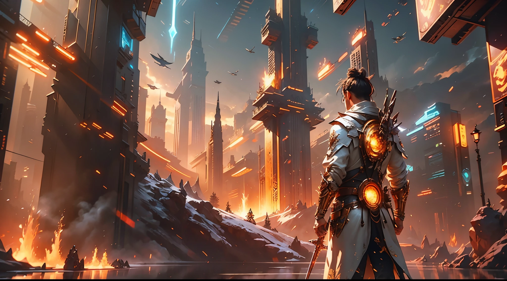 Lots of detail，8k，CG image quality，Unreal Engine 5 rendering, cinematic shots, masterpieces, sword slash effect flying in the sky (gold), the world looks dazzled with sparkling rays in the sky, dusty unreal engine, cinematic level shot, gameplay still, unreal engine 4k wallpaper, game render, screenshot from the game, battlefield backround, key art, unreal enginedigital painting