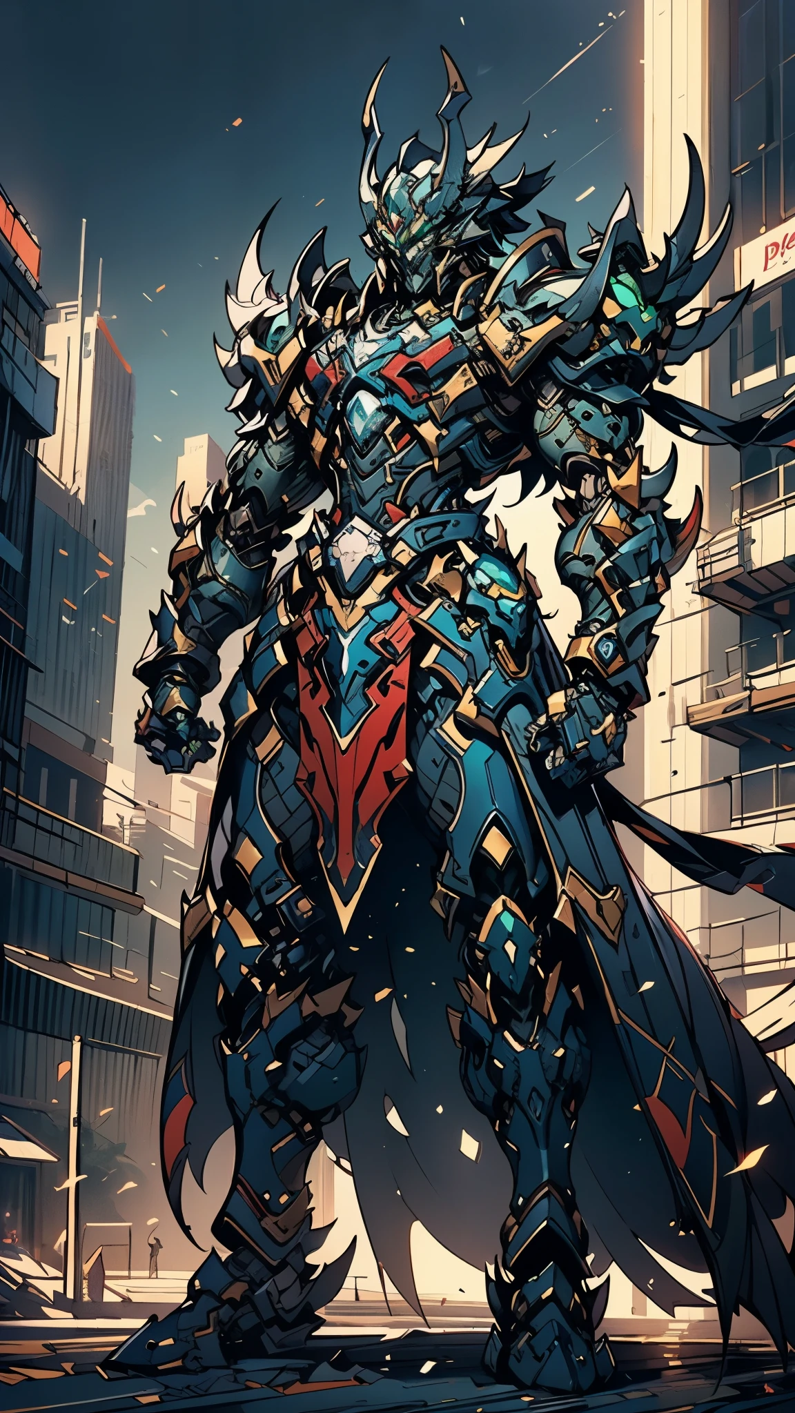 A man wearing a full-face helmet, a fantasy-style biotech armored combat suit, green eyes, (a composite layered chest armor), fully enclosed shoulder guards, matching arm and leg guards, the belt is adorned with Falcon Wing, (the color scheme is primarily white with red and blue accents), the design balances heavy with agility, a high-tech bio-mecha armor, (Armor Concept Inspired by Falcon, stand on the top of a skyscraper in a futuristic sci-fi city), this character embodies a finely crafted fantasy-surreal style armored hero in anime style, exquisite and mature manga art style, (element, plasma, energy, the armor glows), ((male:1.5)), metallic, real texture material, dramatic, high definition, best quality, highres, ultra-detailed, ultra-fine painting, extremely delicate, professional, perfect body proportions, golden ratio, anatomically correct, symmetrical face, extremely detailed eyes and face, high quality eyes, creativity, RAW photo, UHD, 32k, Natural light, cinematic lighting, masterpiece-anatomy-perfect, masterpiece:1.5