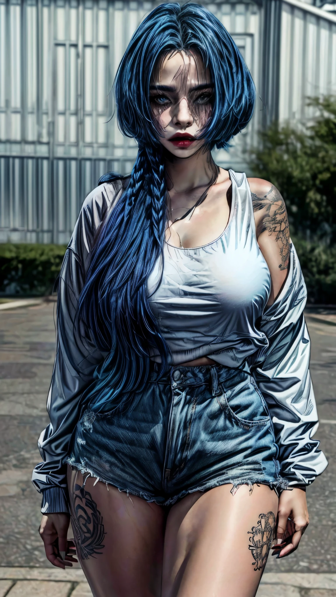 there is a woman with blue hair and tattoos walking down the street, Noah, Wind Breaker, realistic artstyle, photorealistic artstyle, digital painting highly detailed, in style of digital illustration, realism artstyle, hyperrealistic shaded, highly detailed character, no hood | | realistic shaded, low detailed. digital painting, great digital art with details, artgasm, comic digital art