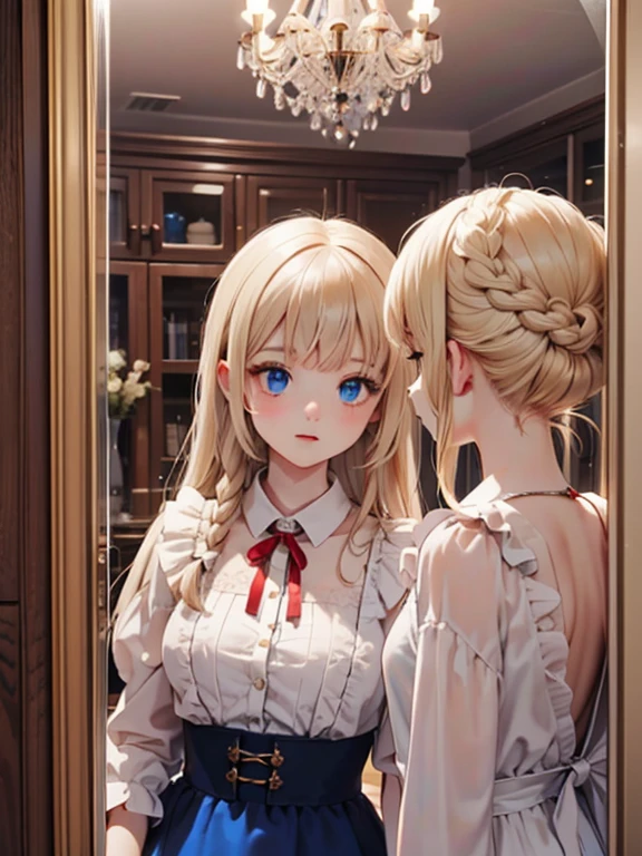 masterpiece, highest quality, Very detailed, 16k, Ultra-high resolution, mirrorの国のアリス, Fantasy, One 12-year-old girl, Detailed face, blue eyes, Blonde, Braid, Red ribbon on head, Blue Dress, White apron, mirrorだらけの部屋, mirror, mirror, mirror, night, dim, chandelier