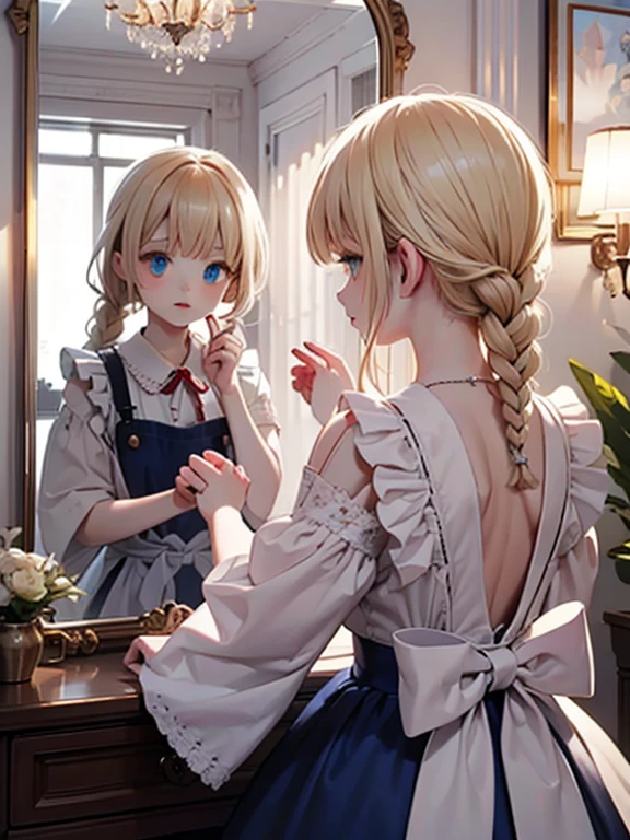 masterpiece, highest quality, Very detailed, 16k, Ultra-high resolution, mirrorの国のアリス, Fantasy, One -yeld gi Detailed face, blue eyes, Blonde, Braid, Red ribbon on head, Blue Dress, White apron, mirrorだらけの部屋, mirror, mirror, mirror, night, dim, chandelier