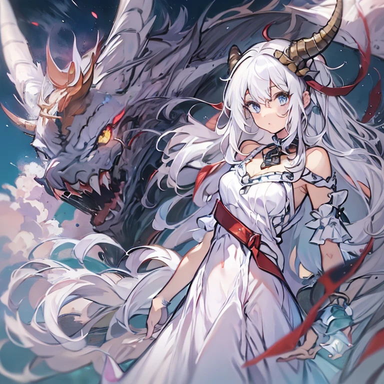 ((masterpiece)), ((bestquality)), 1 girl, solo, a 15-year-old girl, white hair, blue eyes, detailed face, dragonian_head, dragonian_body, dragonian_hairstyle, dragonian_horns, dragonian_tail, one white tail, white long dress, black choker, ((circlet on head)), bangs, volcano, red sky, meteorite, full_body_shot