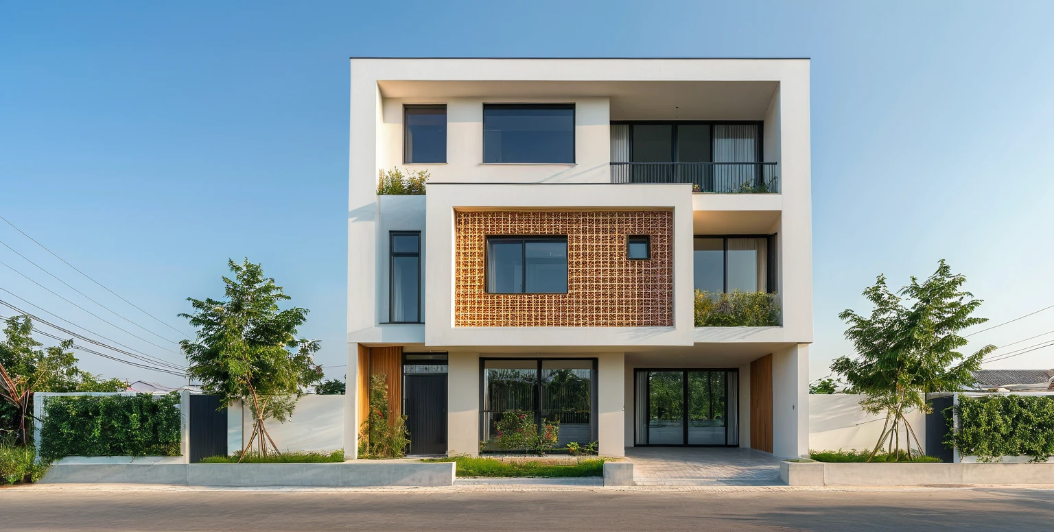 Raw photo,Masterpiece, high quality, best quality, authentic, super detail, exterior, outdoors,Tuonghoagio,house, modern stytle, on the street,wind flower wall, glass windows, white wall,gate, metal railing road,pavement, grass, trees, blue sky, (daylight:1.1), ((realistic photo))