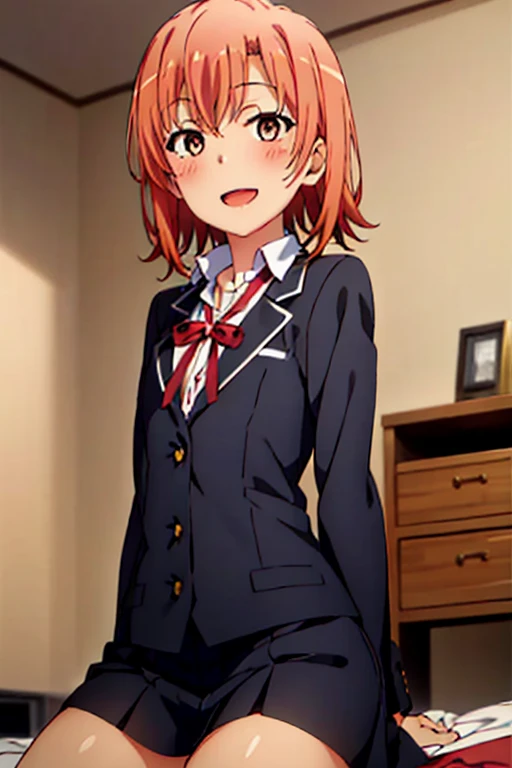 ((highest quality)), ((masterpiece)), (be familiar with), Perfect Face, indoor, Bedroom, Watching the audience,
One woman, Yuigahama Yui,
Open Mouth, Ecstatic expression, blush, smile,
Small breasts, Flat Chest, Young Girl, , , Girl,
Short Hair, Salmon-colored hair, Salmon-colored eyes, Side Pony,
Leg spread,