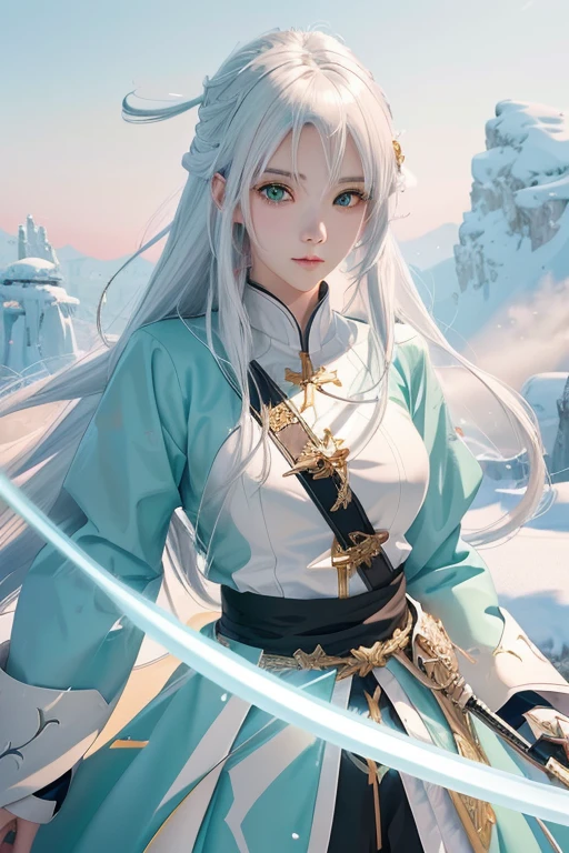 Anime girl with white hair and green eyes holding a sword, Detailed digital anime art, Anime Style 4k, White-haired God, anime art wallpaper 4k, anime art wallpaper 4k, Best Anime 4K Konachan Wallpaper, anime art wallpaper 8k, Detailed anime artwork, Detailed anime art, Detailed Key Anime Art, anime wallpaper 4k, anime wallpaper 4k