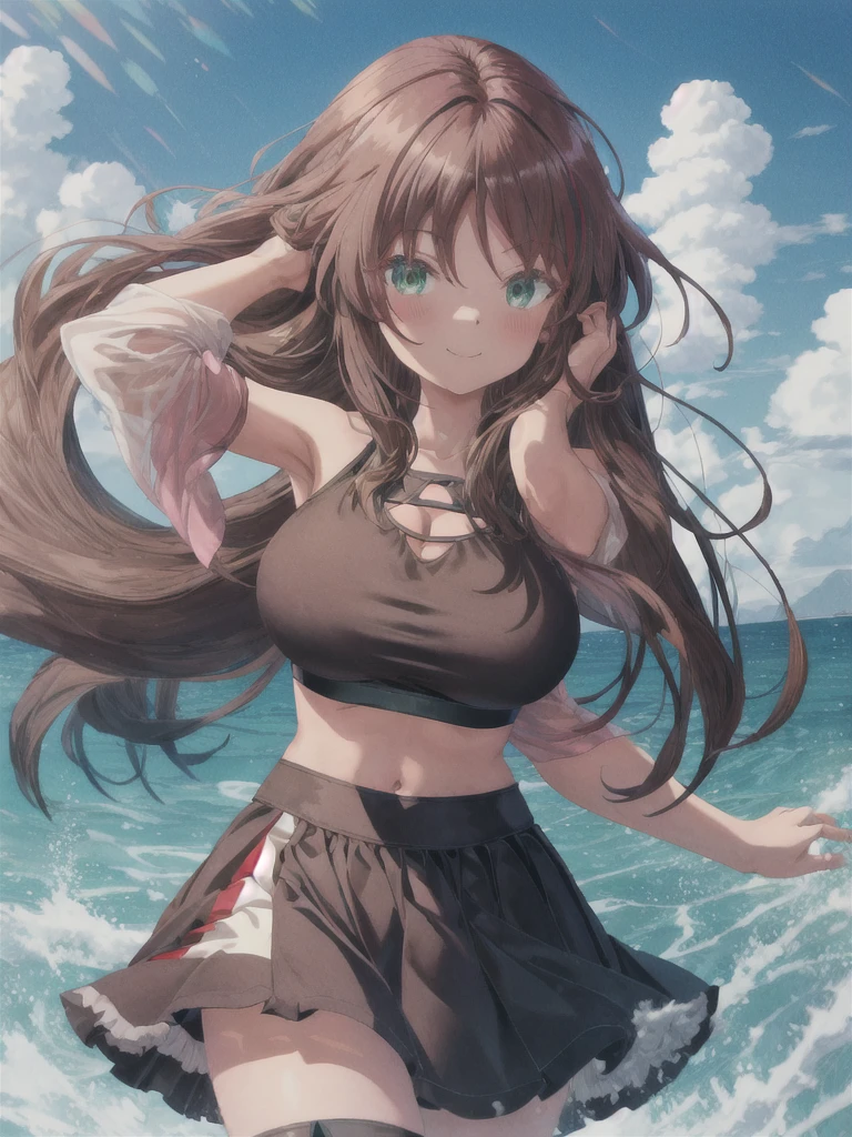 best quality, masterpiece, highres, solo, 
{kaneshiya_shitara_alicegearaegisexpansion:1.15}, long hair, brown hair, green eyes, Gigantic Breasts, Hair blowing in the wind, BREAK, 
bangs, Thighs, Cleavage,   BREAK,
Black tank top, Crop top, Frilled Skirt, 
(smile, wave hand, Brushing her hair back, BREAK), 
Abstract background