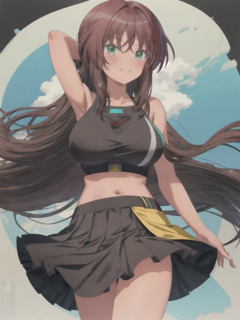 best quality, masterpiece, highres, solo, 
{kaneshiya_shitara_alicegearaegisexpansion:1.15}, long hair, brown hair, green eyes, Gigantic Breasts, Hair blowing in the wind, BREAK, 
bangs, Thighs, Cleavage,   BREAK,
Black tank top, Crop top, Frilled Skirt, 
(smile, wave hand, Brushing her hair back, BREAK), 
Abstract background