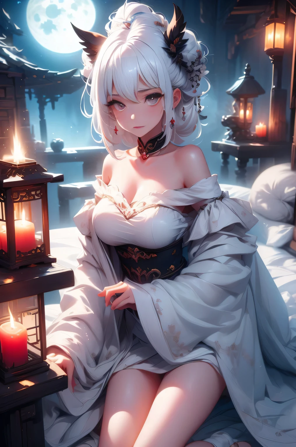 (masterpiece, highest quality:1.2), 1 girl, alone, ((Off-the-shoulder clothing)), ((night)), ((White Hair))lanthanum, Candlelight, Deep in Wonderland,The moonlight pours down like water,fog,The heroine's figure is vaguely visible,Big Breasts,Cute face,Slightly upturned corners of the mouth,Like a fairy,Clothes Fluttering,Her hair is casually tied back,A few strands of hair are swaying gently in the wind,((Royal Costume、Thick fabric,Royal family in hanbok)):1.5、Beautiful cleavage