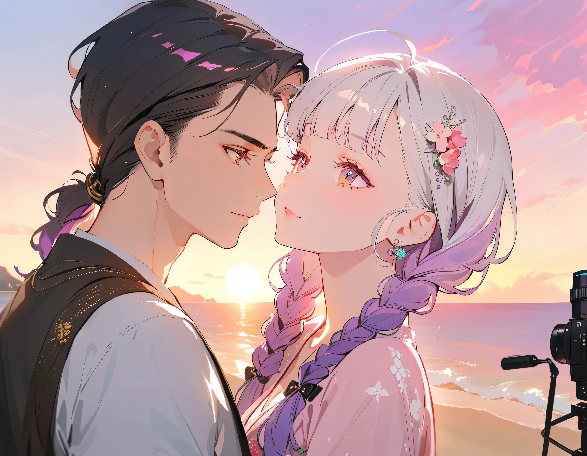One man and one woman,couple,Gradient hair color,White hair on top and purple hair on bottom,A strand of purple hair on the left,Double braids,professional, vivid colors, bokeh, portraits, age gracefully, loving expression, wrinkled skin, shiny hair, dynamic pose, passionate embrace, outdoor setting, beautiful background, stunning sunset, vibrant colors, harmonious composition, soft lighting,(best quality,4k,8k,highres,masterpiece:1.2),ultra-detailed, HDR, UHD, studio lighting, ultra-fine painting, sharp focus, physically-based rendering, extreme detail description