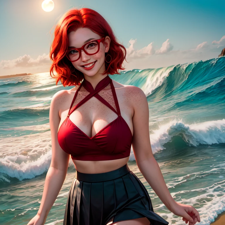 young woman, short red hair, glasses, freckles, smiling, lifting skirt, sheer under chest top, ocean beach, huge waves, moonlight