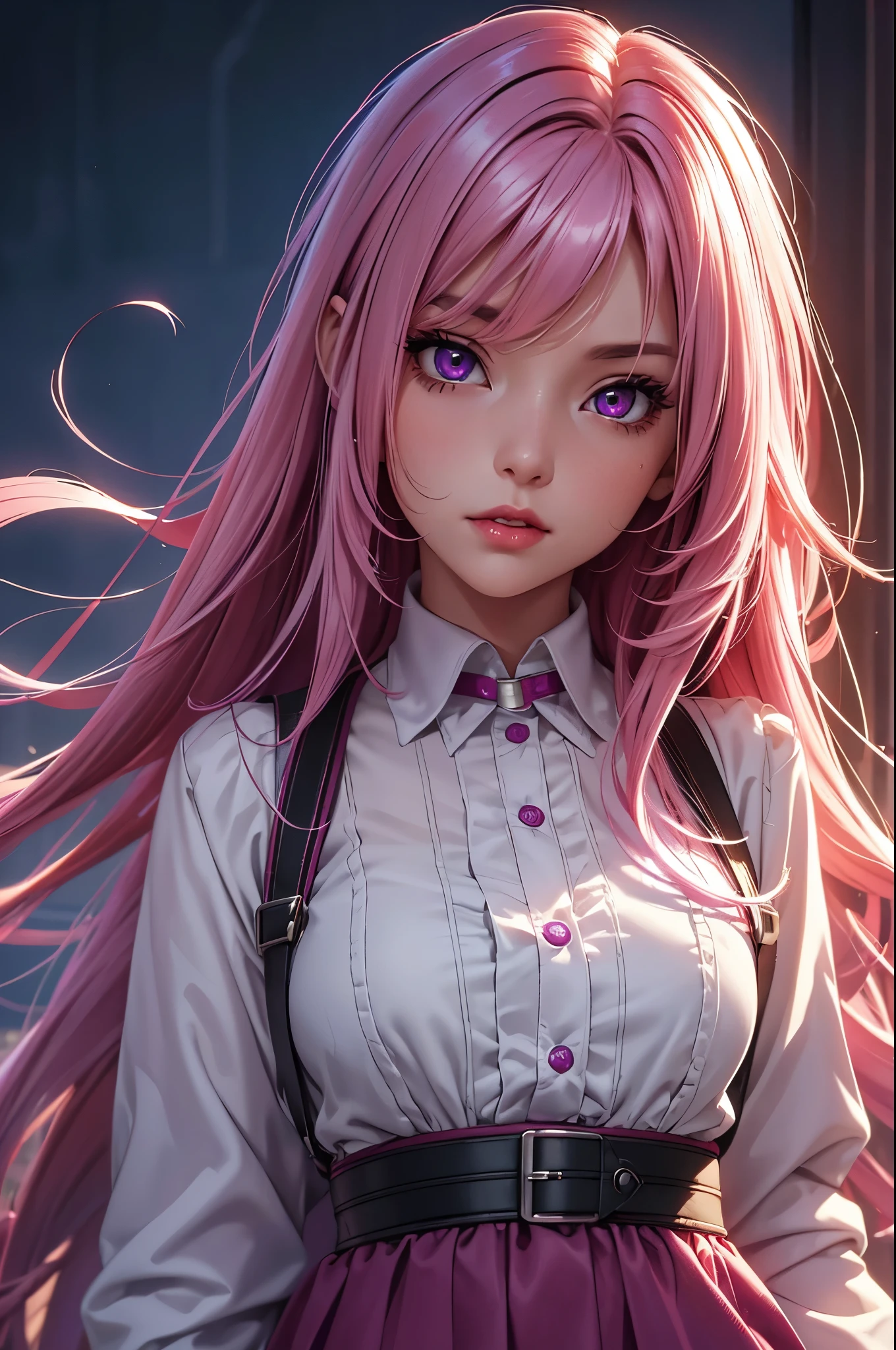 (Best quality at best,8K,A high resolution,tmasterpiece:1.2),Digital artwork, one girl,detailed face,detailed eyes,pink hair,long straight hair,glowing purple eyes,red lip,Suspenders