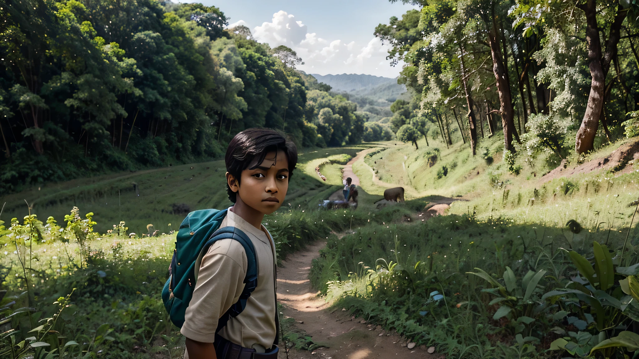 Arjun, a young boy with a determined expression and a backpack slung over his shoulder, stands at the edge of a lush forest, surrounded by rolling hills and meandering rivers. His eyes are filled with curiosity and excitement as he prepares to embark on his adventure