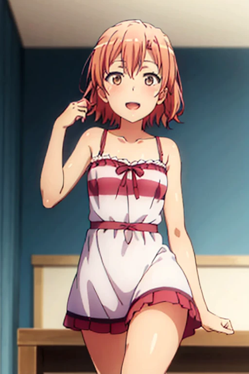 ((highest quality)), ((masterpiece)), (be familiar with), Perfect Face, indoor, Bedroom, Watching the audience,
One woman, Yuigahama Yui,
Open Mouth, Ecstatic expression, blush, smile,
Small breasts, Flat Chest, Young Girl, , , Girl,
Short Hair, Salmon-colored hair, Salmon-colored eyes, Side Pony,
Leg spread,