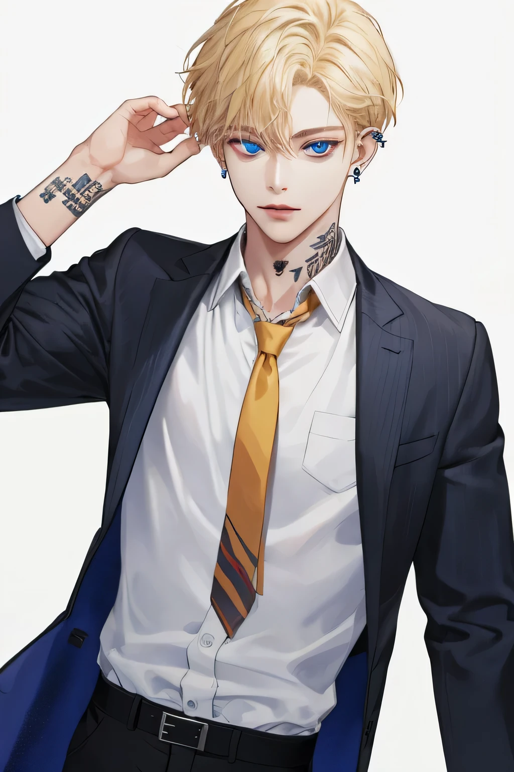 Masterpiece, best quality, high quality, 1boy, face focus, adult, suit, jacket, white shirt, tie, pants, little tattoos, lots of piercings, earrings, best quality, face detail, detail background, short blonde hair, blue eyes, closed moutht