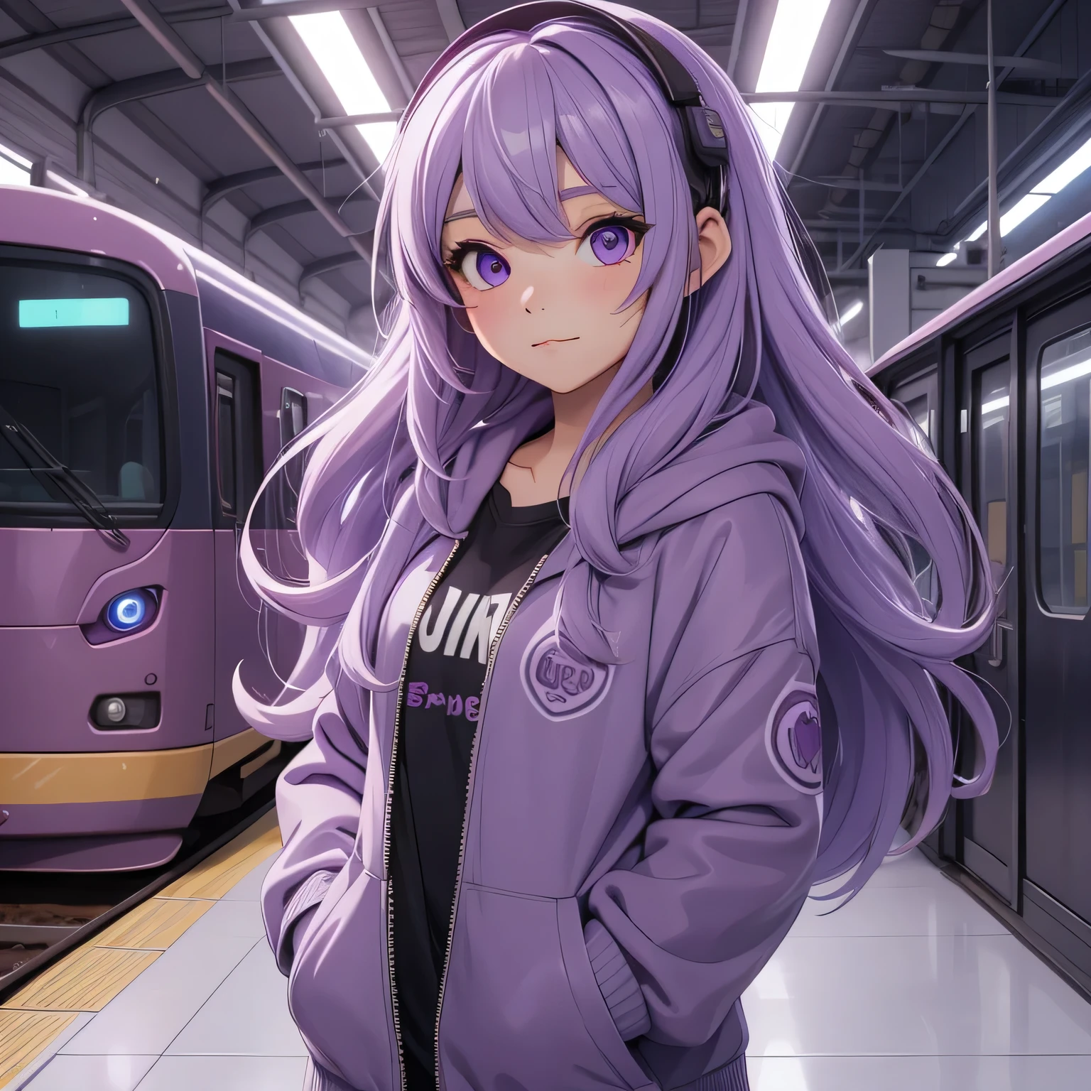 A girl, lavender hair, long hair, feminime, soft smile, lavender hoodie jacket, glowing lavender eyes, train background, wearing black headphone, full body,