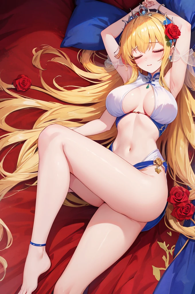 masterpiece，8k，Fairy tale style，Rose Princess，sleeping Beauty，A woman with medium ，(Gorgeous woman)，ahegao，Long blond hair，Showing belly，Slim waist，红桃爱心❤️，