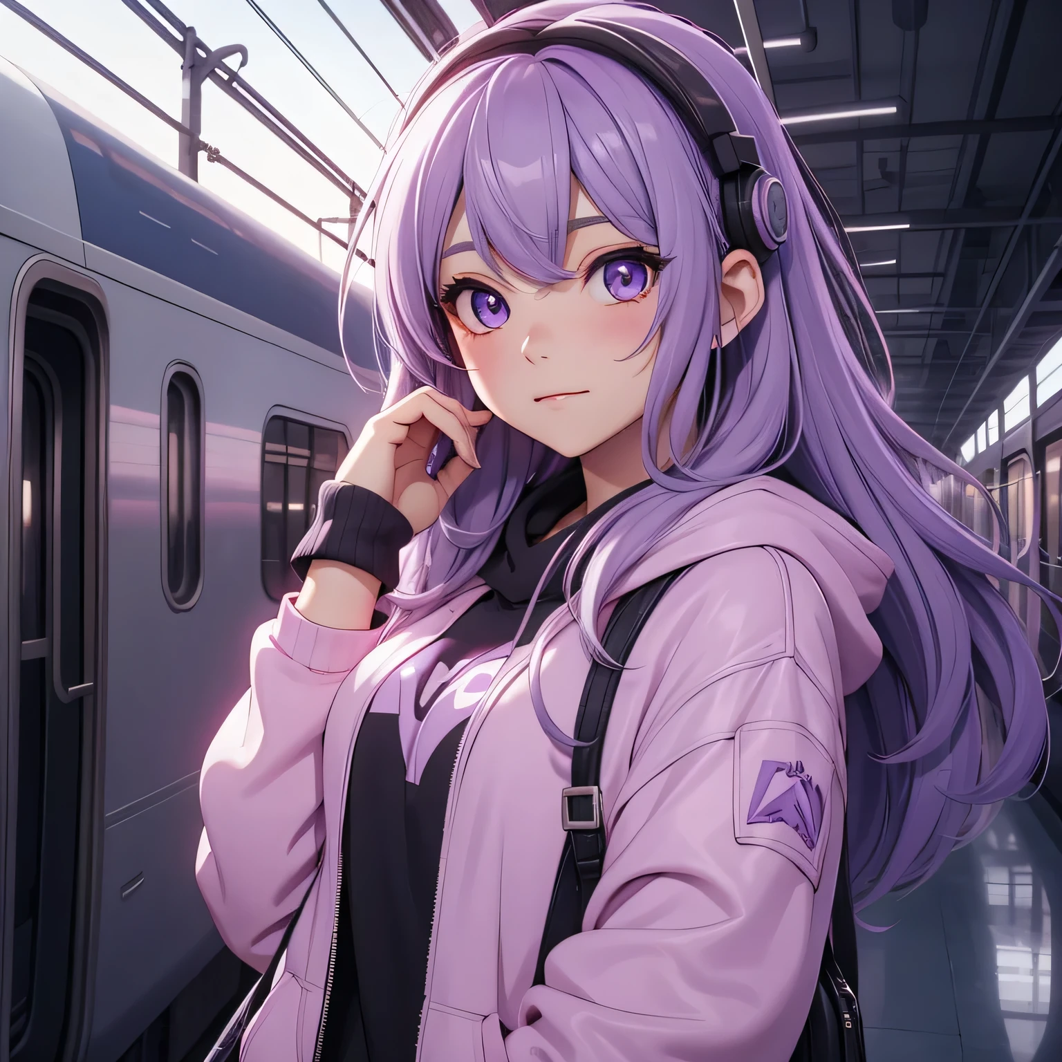 A girl, lavender hair, long hair, feminime, soft smile, lavender hoodie jacket, glowing lavender eyes, train background, wearing black headphone, full body,