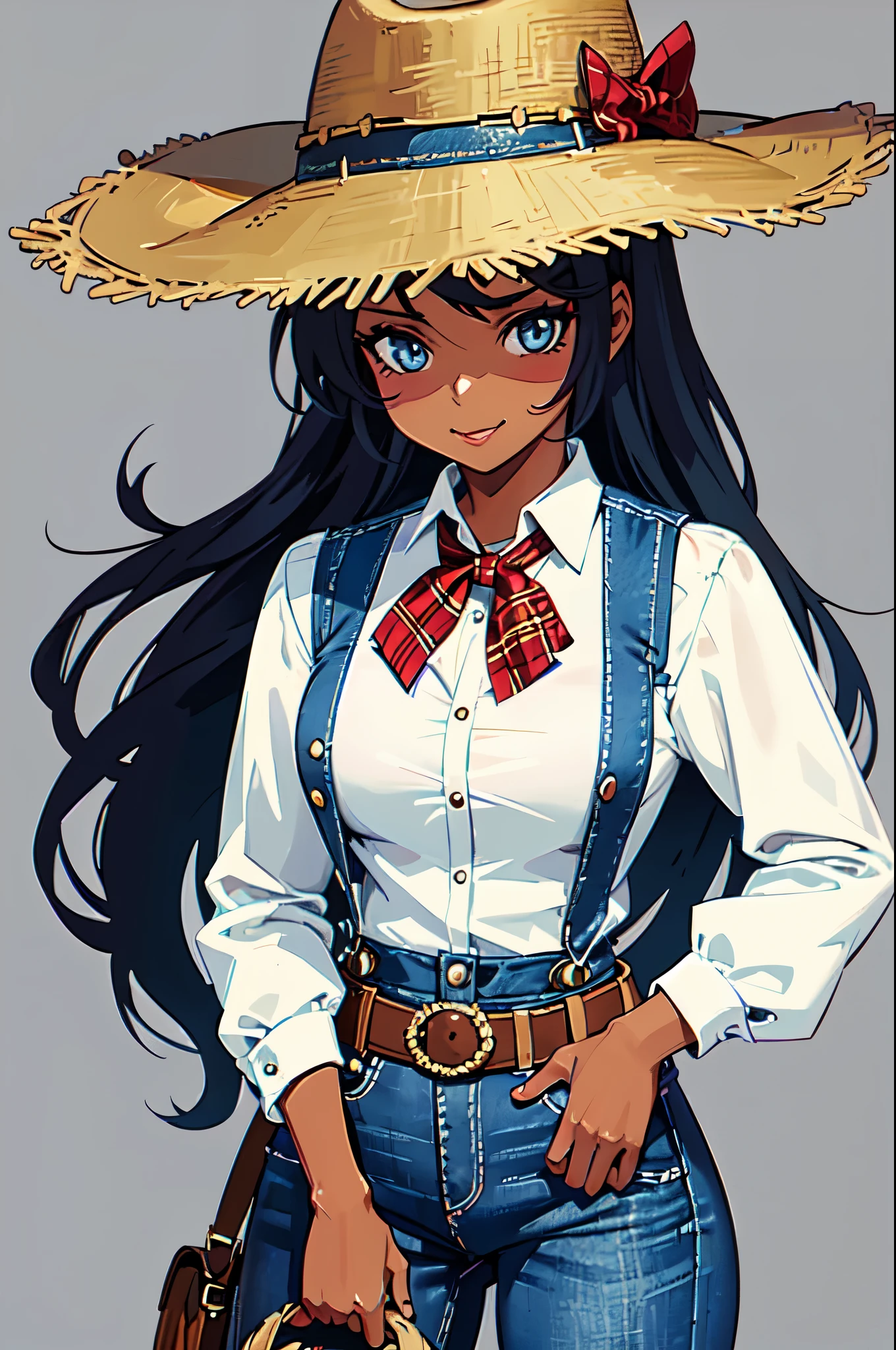 High detail cartoon artwork, very attractive female cowboy, loose plait, african american, classic cowboy outfit. wide-brimmed hat, a decorative bandana, a fitted vest over a plaid shirt, well-fitted jeans. confident and playful, one hand casually resting on her hip and the other tipping her hat. bimbo aesthetic
