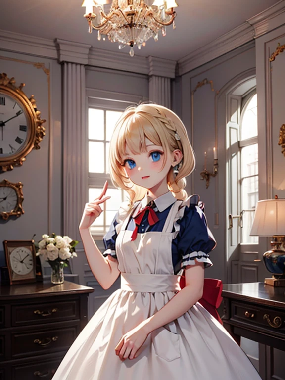 masterpiece, highest quality, Very detailed, 16k, Ultra-high resolution, Alice in Wonderland, Fantasy, One -yeld gi Detailed face, blue eyes, Blonde, Braid, Red ribbon on head, Blue Dress, White apron, A room full of clocks, Clock, wall clock, Alarm Clock, Pocket watch, night, dim, chandelier