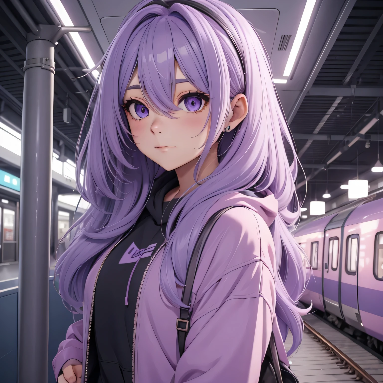 A girl, lavender hair, long hair, feminime, soft smile, lavender hoodie jacket, glowing lavender eyes, train background, wearing black headphone, full body,