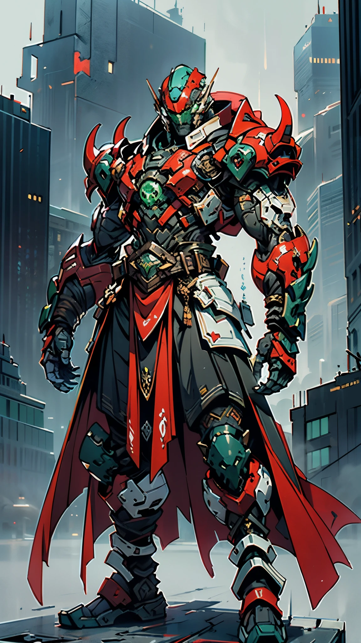 A man wearing a full-face helmet, a fantasy-style biotech armored combat suit, green eyes, (a composite layered chest armor), fully enclosed shoulder guards, matching arm and leg guards, the belt is adorned with Falcon Wing, (the color scheme is primarily white with red and blue accents), the design balances heavy with agility, a high-tech bio-mecha armor, (Armor Concept Inspired by Falcon, stand on the top of a skyscraper in a futuristic sci-fi city), this character embodies a finely crafted fantasy-surreal style armored hero in anime style, exquisite and mature manga art style, (element, plasma, energy, the armor glows), ((male:1.5)), metallic, real texture material, dramatic, high definition, best quality, highres, ultra-detailed, ultra-fine painting, extremely delicate, professional, perfect body proportions, golden ratio, anatomically correct, symmetrical face, extremely detailed eyes and face, high quality eyes, creativity, RAW photo, UHD, 32k, Natural light, cinematic lighting, masterpiece-anatomy-perfect, masterpiece:1.5