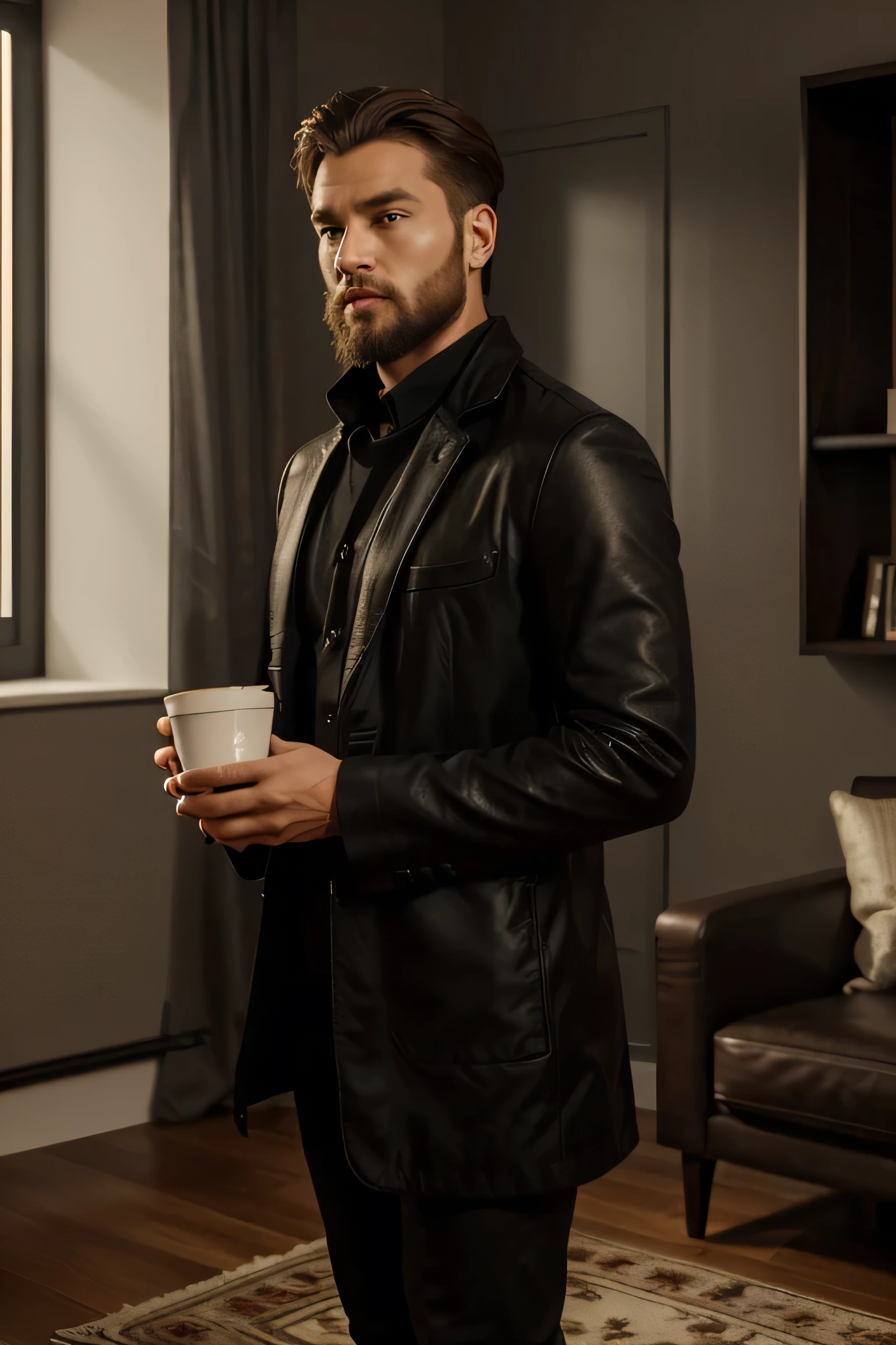 (realistic,3d characters),(best quality,highres),A young man wearing a black coat is standing in a classic modern room. The room is well-lit with natural sunlight coming from a large window on one side. The young man is standing near a wooden table, which is adorned with a few books, a coffee cup, and a small vase with fresh flowers. He has a confident and focused expression on his face, with sharp and defined facial features. His beautiful detailed eyes and neatly trimmed beard add to his charm. His black coat is well-tailored, showing the meticulous attention to detail in the clothing. The room is furnished with modern furniture, including a sleek black leather sofa and a minimalist coffee table. The walls are painted in a warm neutral color, creating a cozy yet sophisticated atmosphere. The lighting in the room highlights the textures and enhances the realistic rendering of the 3D characters. Overall, the scene exudes a sense of elegance and refinement, with a perfect balance between modern aesthetics and timeless appeal.