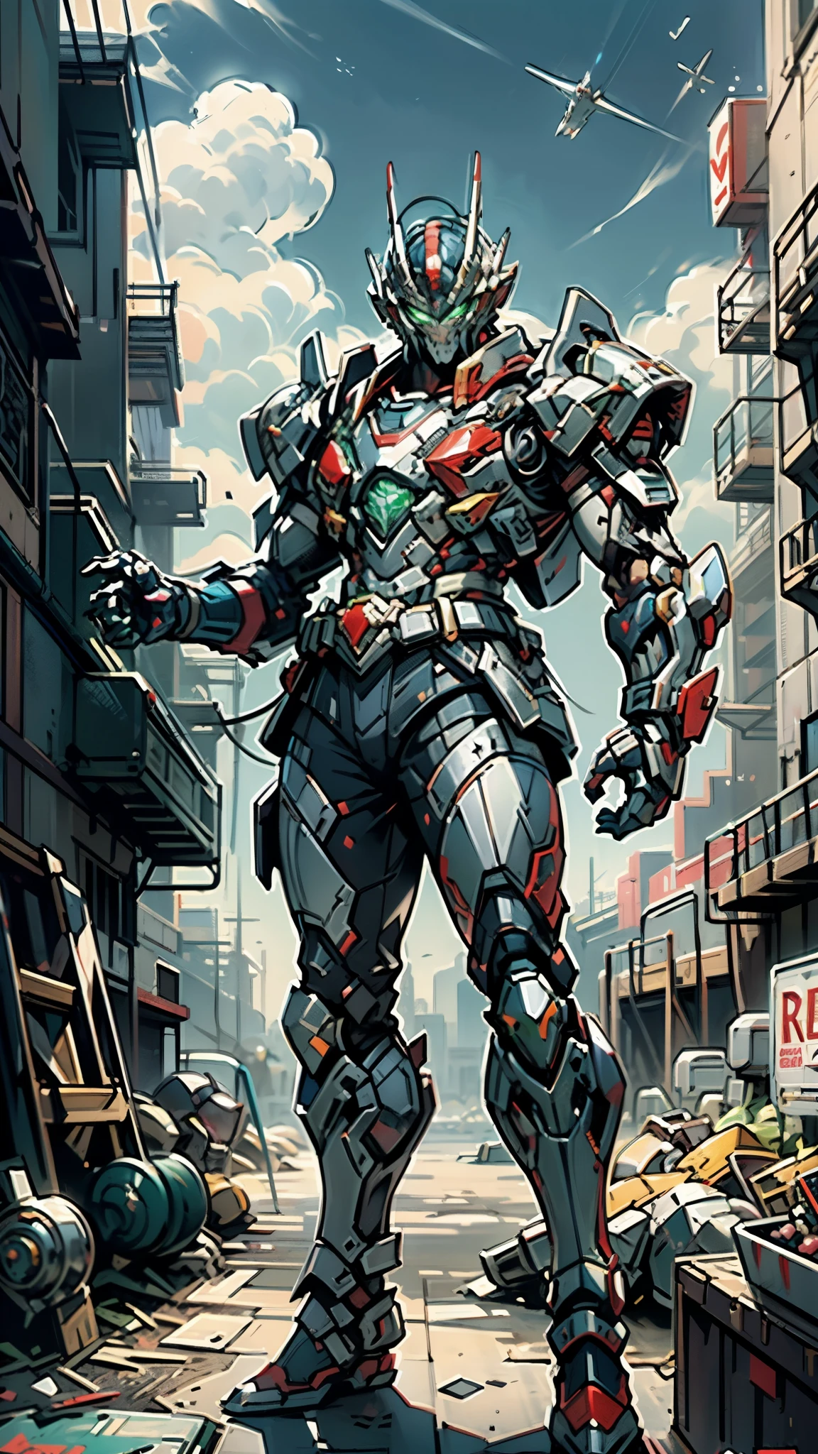 A man wearing a full-face helmet, a fantasy-style biotech armored combat suit, green eyes, (a composite layered chest armor), fully enclosed shoulder guards, matching arm and leg guards, the belt is adorned with Falcon Wing, (the color scheme is primarily white with red and blue accents), the design balances heavy with agility, a high-tech bio-mecha armor, (Armor Concept Inspired by Falcon, stand on the top of a skyscraper in a futuristic sci-fi city), this character embodies a finely crafted fantasy-surreal style armored hero in anime style, exquisite and mature manga art style, (element, plasma, energy, the armor glows), ((male:1.5)), metallic, real texture material, dramatic, high definition, best quality, highres, ultra-detailed, ultra-fine painting, extremely delicate, professional, perfect body proportions, golden ratio, anatomically correct, symmetrical face, extremely detailed eyes and face, high quality eyes, creativity, RAW photo, UHD, 32k, Natural light, cinematic lighting, masterpiece-anatomy-perfect, masterpiece:1.5