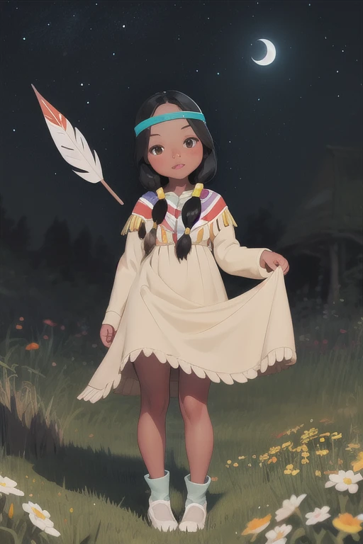 masterpiece, best quality, 1girl, tlily, black hair, twintails, feather hair ornament, headband, dark skin, dress, dress lift, pussy, cum, native american, full body, sketch, looking at viewer, night, meadow background  