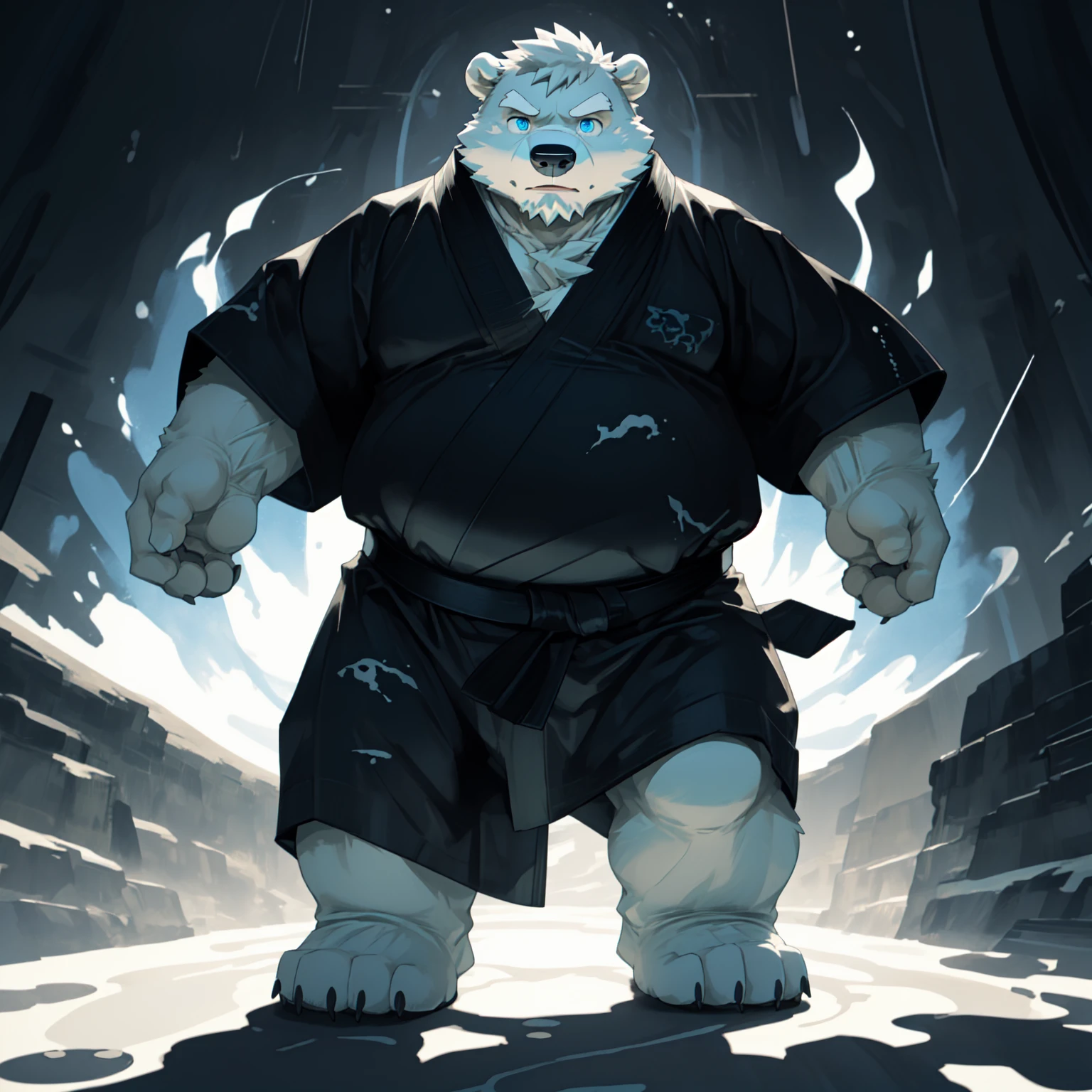 New Jersey 5 Furry,polar bear，Full body portrait of an individual,Exquisite， Chubby，Fat，Thick arms，Rugged muscles，White plush fur，Chubby脸，Black eyebrows，sky blue eyes，Black beard，riverside，river，Ninja clothing，Ninja pants，Clogs，Carrying a katana，Cross your arms