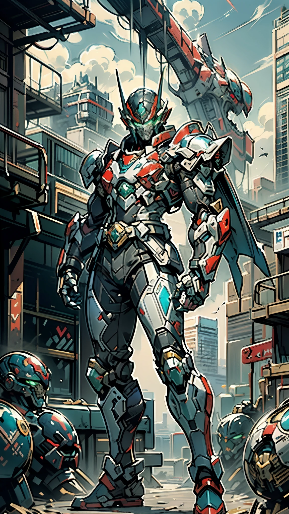 A man wearing a full-face helmet, a fantasy-style biotech armored combat suit, green eyes, (a composite layered chest armor), fully enclosed shoulder guards, matching arm and leg guards, the belt is adorned with Falcon Wing, (the color scheme is primarily white with red and blue accents), the design balances heavy with agility, a high-tech bio-mecha armor, (Armor Concept Inspired by Falcon, stand on the top of a skyscraper in a futuristic sci-fi city), this character embodies a finely crafted fantasy-surreal style armored hero in anime style, exquisite and mature manga art style, (element, plasma, energy, the armor glows), ((male:1.5)), metallic, real texture material, dramatic, high definition, best quality, highres, ultra-detailed, ultra-fine painting, extremely delicate, professional, perfect body proportions, golden ratio, anatomically correct, symmetrical face, extremely detailed eyes and face, high quality eyes, creativity, RAW photo, UHD, 32k, Natural light, cinematic lighting, masterpiece-anatomy-perfect, masterpiece:1.5