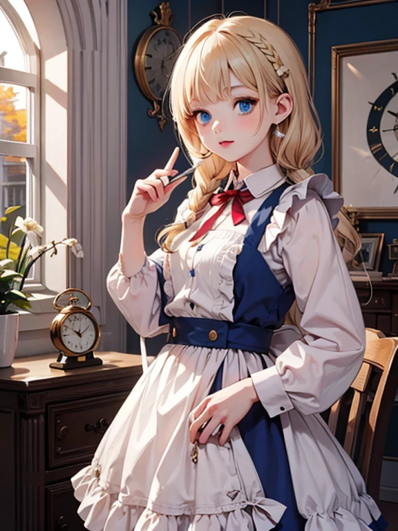 masterpiece, highest quality, Very detailed, 16k, Ultra-high resolution, Alice in Wonderland, Fantasy, One ****************, Detailed face, blue eyes, Blonde, Braid, Red ribbon on head, Blue Dress, White apron, A room full of clocks, Clock, wall clock, Alarm Clock, Pocket watch, night, dim, chandelier