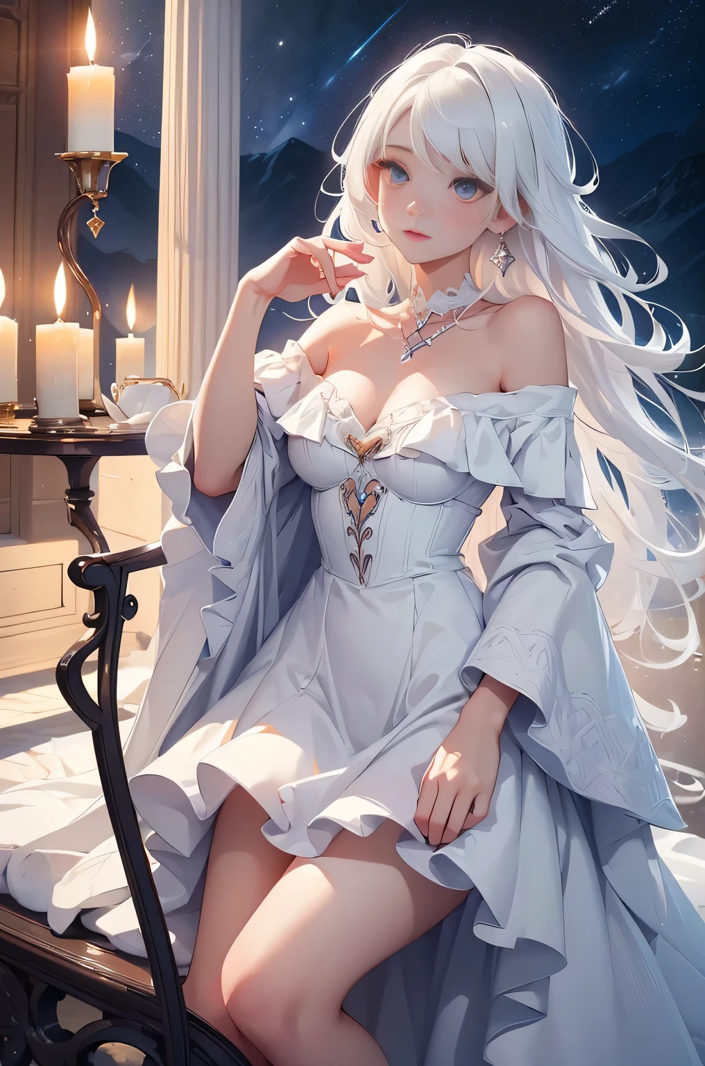 (masterpiece, highest quality:1.2), 1 girl, alone, ((Off-the-shoulder clothing)), ((night)), ((White Hair))lanthanum, Candlelight, Deep in Wonderland,The moonlight pours down like water,fog,The heroine's figure is vaguely visible,Big Breasts,Cute face,Slightly upturned corners of the mouth,Like a fairy,Clothes Fluttering,Her hair is casually tied back,A few strands of hair are swaying gently in the wind,((Royal Costume、Thick fabric,Royal family in hanbok)):1.5、Beautiful cleavage、(Fox Ears,Fox's Tail、Fox)