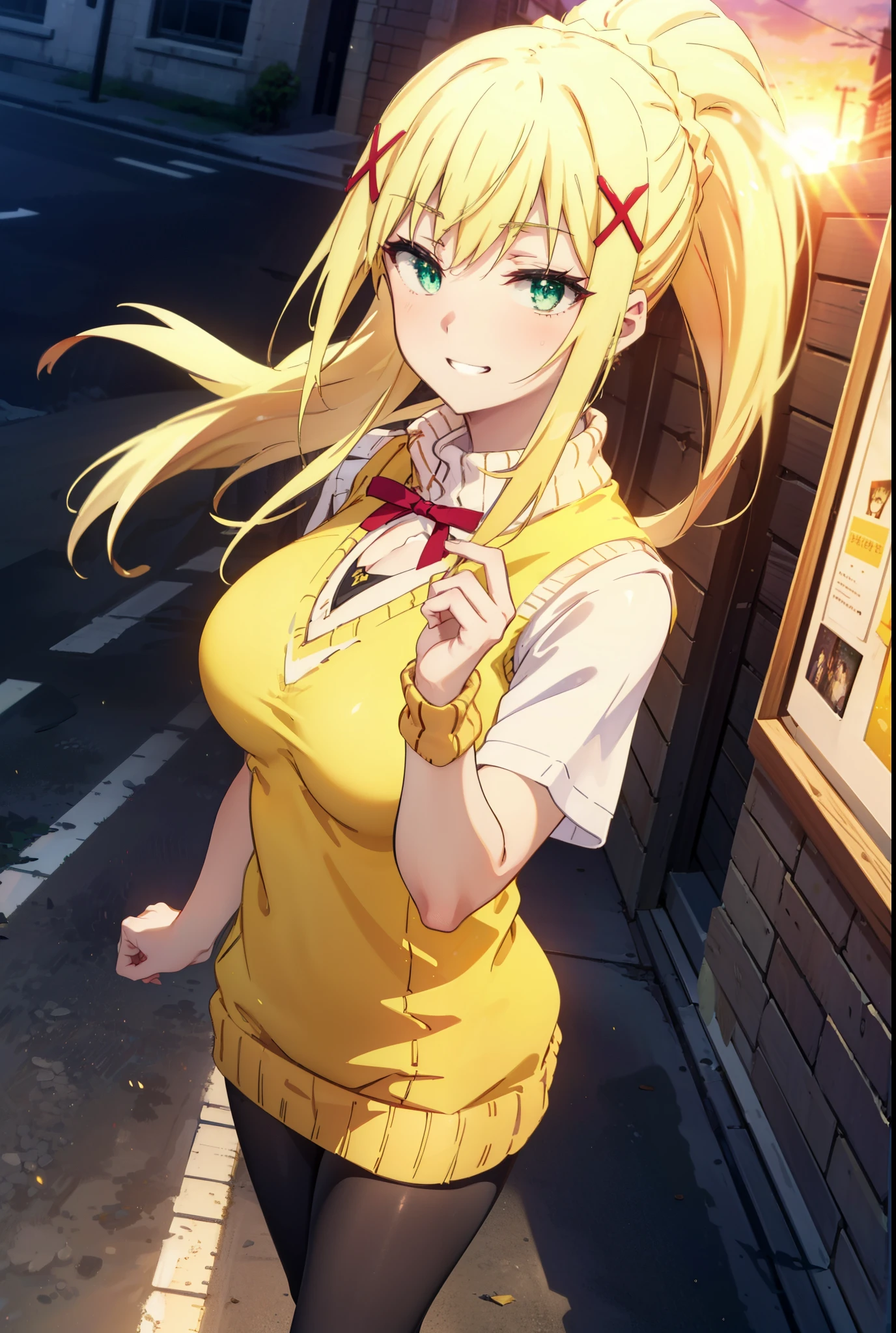 Lalatina Dusty Nesford, Lalatina Dustiness Ford, darkness \(KonoSuba\), Long Hair, (Green Eyes:1.3), Blonde, hair ornaments, ponytail, Braiding, x hair ornaments,Big Breasts,smile, Grin, White Y-shirt,Short sleeve,Sweater vest, Black knee-high socks,(yellow Sweater vest:1.5),Black pleated skirt,Black Loafers,whole bodyがイラストに入るように,Walking,Sunset,evening,The sun is setting, break outdoor,In town,Building district,,crowd, people々々々々々, break looking at viewer, whole body, break (masterpiece:1.2), highest quality, High resolution, unity 8k wallpaper, (shape:0.8), (Beautiful and beautiful eyes:1.6), Highly detailed face, Perfect lighting, Extremely detailed CG, (Perfect hands, Perfect Anatomy),