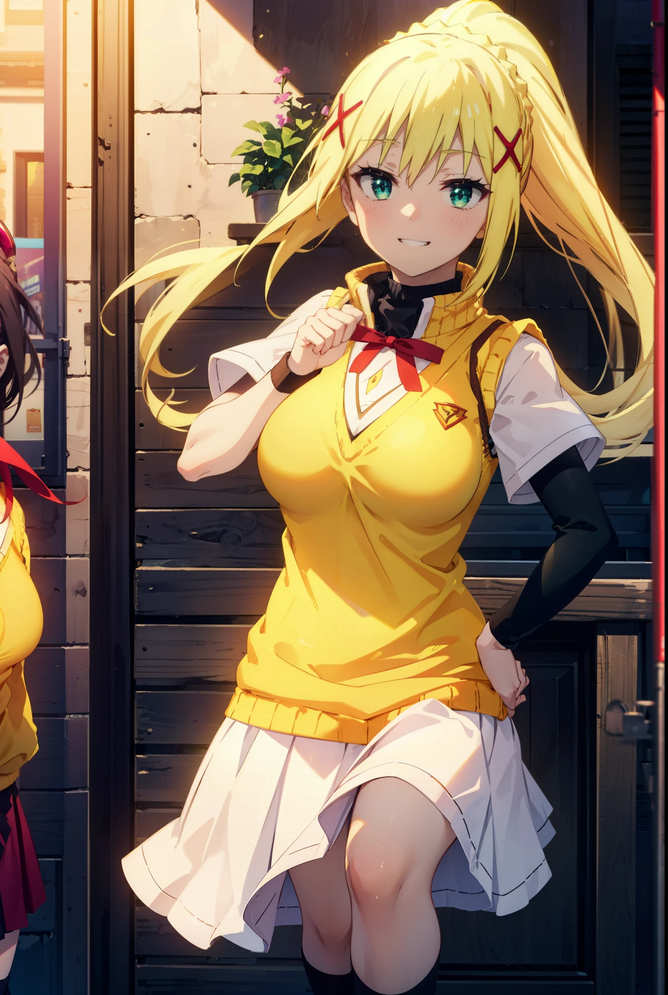 Lalatina Dusty Nesford, Lalatina Dustiness Ford, darkness \(KonoSuba\), Long Hair, (Green Eyes:1.3), Blonde, hair ornaments, ponytail, Braiding, x hair ornaments,Big Breasts,smile, Grin, White Y-shirt,Short sleeve,Sweater vest, Black knee-high socks,(yellow Sweater vest:1.5),Black pleated skirt,Black Loafers,whole bodyがイラストに入るように,Walking,Sunset,evening,The sun is setting, break outdoor,In town,Building district,,crowd, people々々々々々, break looking at viewer, whole body, break (masterpiece:1.2), highest quality, High resolution, unity 8k wallpaper, (shape:0.8), (Beautiful and beautiful eyes:1.6), Highly detailed face, Perfect lighting, Extremely detailed CG, (Perfect hands, Perfect Anatomy),