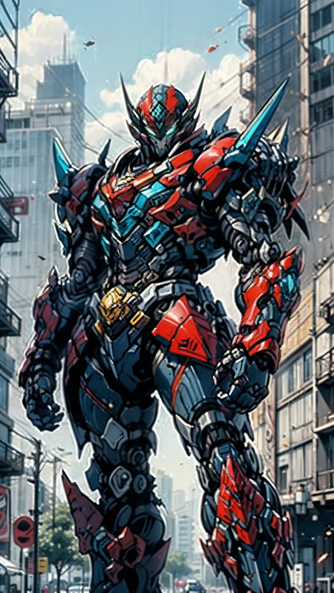 A man wearing a full-face helmet, a fantasy-style biotech armored combat suit, green eyes, (a composite layered chest armor), fully enclosed shoulder guards, matching arm and leg guards, the belt is adorned with Falcon Wing, (the color scheme is primarily white with red and blue accents), the design balances heavy with agility, a high-tech bio-mecha armor, (Armor Concept Inspired by Falcon, stand on the top of a skyscraper in a futuristic sci-fi city), this character embodies a finely crafted fantasy-surreal style armored hero in anime style, exquisite and mature manga art style, (element, plasma, energy, the armor glows), ((male:1.5)), metallic, real texture material, dramatic, high definition, best quality, highres, ultra-detailed, ultra-fine painting, extremely delicate, professional, perfect body proportions, golden ratio, anatomically correct, symmetrical face, extremely detailed eyes and face, high quality eyes, creativity, RAW photo, UHD, 32k, Natural light, cinematic lighting, masterpiece-anatomy-perfect, masterpiece:1.5