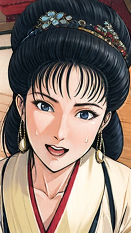 (best quality), (very aesthetic), (ultra-detailed), (best illustration),a mature female,Perfect Face,Suikoden,Mrs. Lin,(full_body),big breast,red cheek,Sweating,skinny, chinese traditional lingerie,chinese traditional style bed,She opens her mouth wide and closes her eyes, moaning with pleasure.