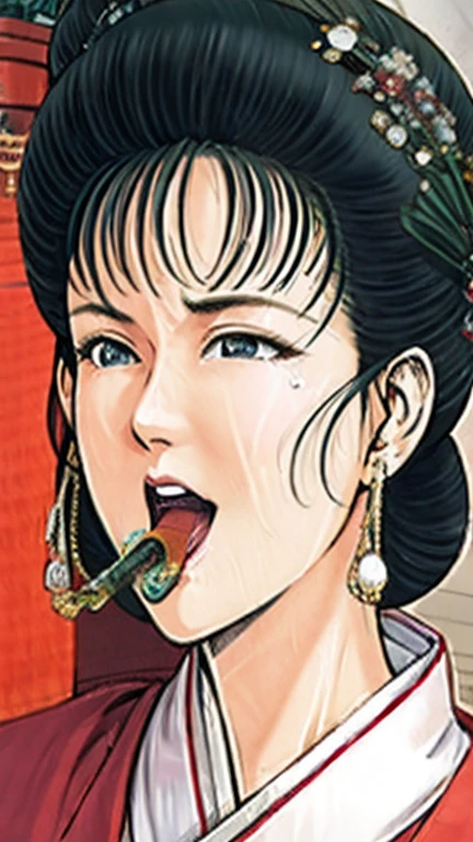 (best quality), (very aesthetic), (ultra-detailed), (best illustration),(a mature female),(perfect face),(perfect body),Suikoden,Mrs. Lin,(((NSFW))),((full_body)),((full_nude)),(crying),red cheek,sweating,skinny,flushed skin,(hairly),(doing blowjob),(She is sucking on an erect penis),(Holding an erect penis with his right hand),(Cum in mouth),chinese traditional bed room,side view