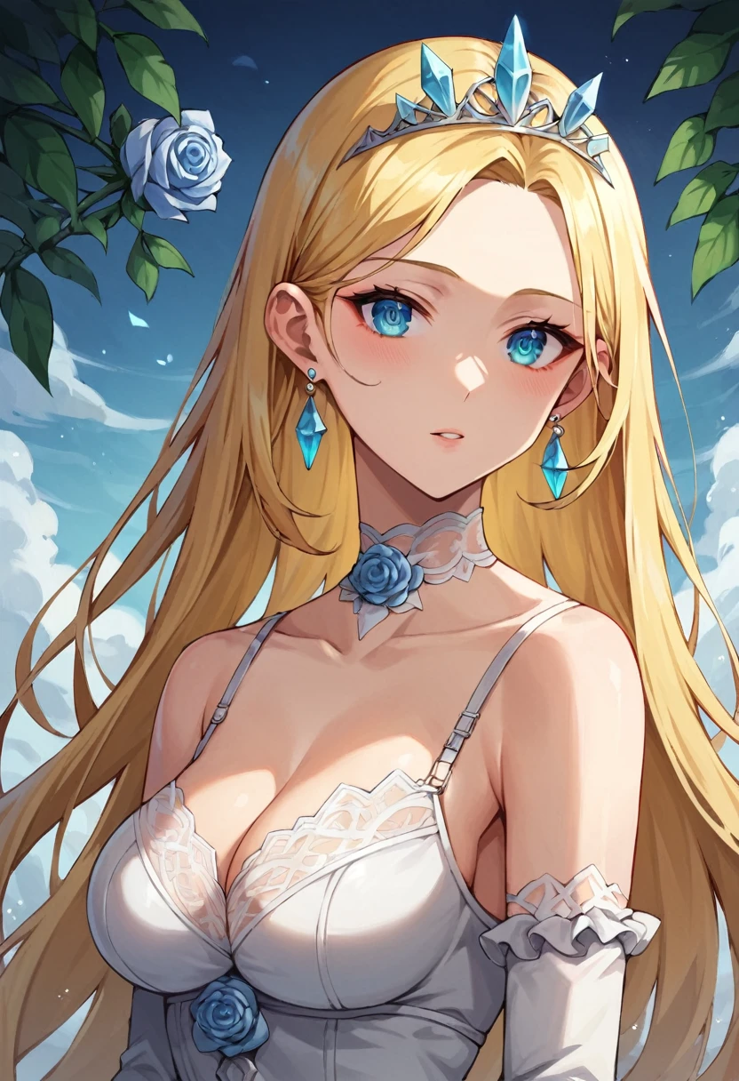 score_9, score_8_up, score_7_up, uncensored, source_anime, 1girl, solo, BREAK 1girl, blonde hair, looking away, solo, long hair, (earrings), flower, rose, crystalline, dress, tiara, white dress, gloves, long sleeves, choker, mascara, makeup, elbow gloves, bow, floating hair, bra, jewelry, looking at viewer, collarbone, puffy sleeves, golden accessories, upper body, parted bangs, very long hair, black dress, frills, bangs, outdoors, detailed eyes, dynamic cut,