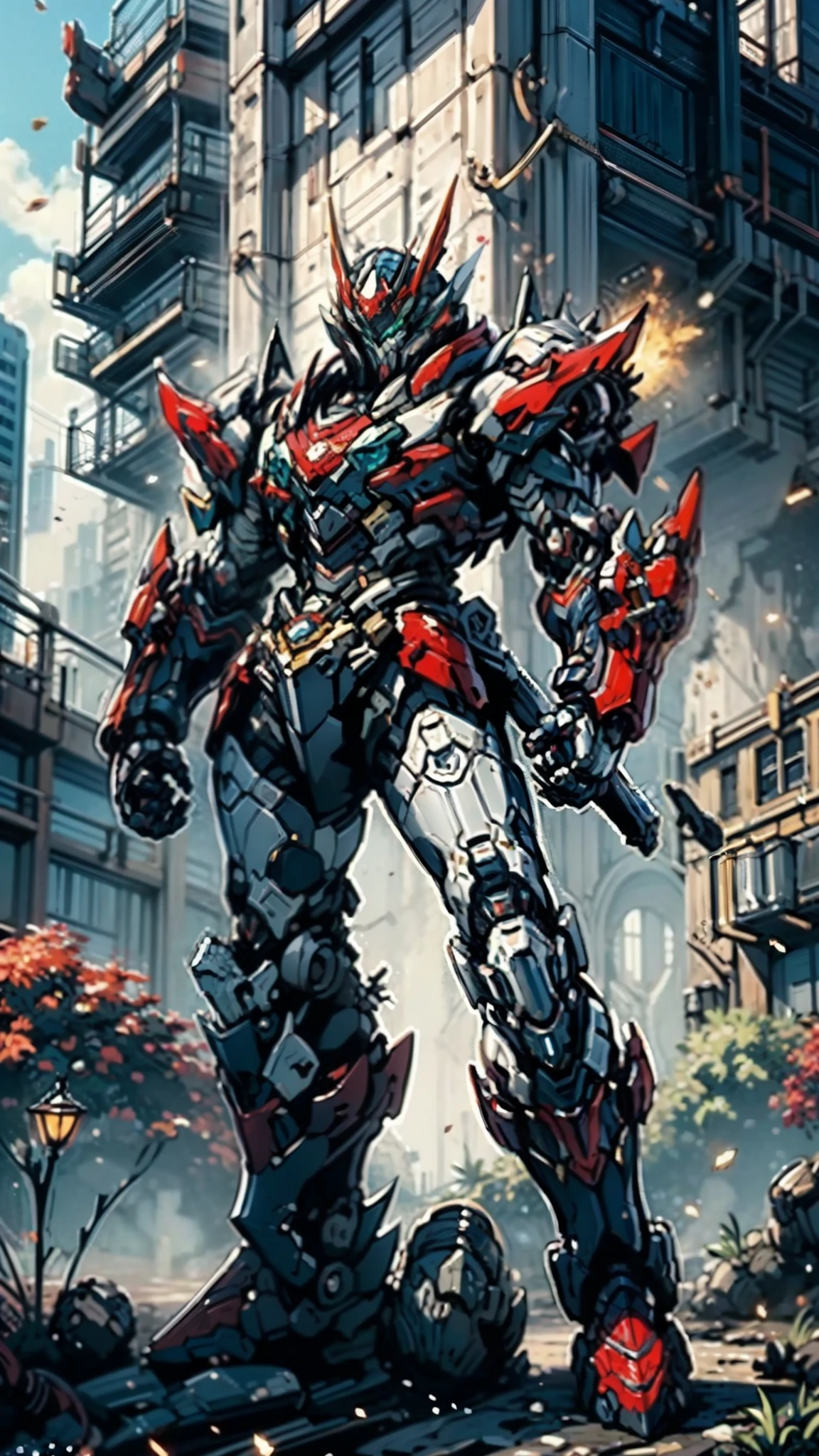 A man wearing a full-face helmet, a fantasy-style biotech armored combat suit, green eyes, (a composite layered chest armor), fully enclosed shoulder guards, matching arm and leg guards, the belt is adorned with Falcon Wing, (the color scheme is primarily white with red and blue accents), the design balances heavy with agility, a high-tech bio-mecha armor, (Armor Concept Inspired by Falcon, stand on the top of a skyscraper in a futuristic sci-fi city), this character embodies a finely crafted fantasy-surreal style armored hero in anime style, exquisite and mature manga art style, (element, plasma, energy, the armor glows), ((male:1.5)), metallic, real texture material, dramatic, high definition, best quality, highres, ultra-detailed, ultra-fine painting, extremely delicate, professional, perfect body proportions, golden ratio, anatomically correct, symmetrical face, extremely detailed eyes and face, high quality eyes, creativity, RAW photo, UHD, 32k, Natural light, cinematic lighting, masterpiece-anatomy-perfect, masterpiece:1.5