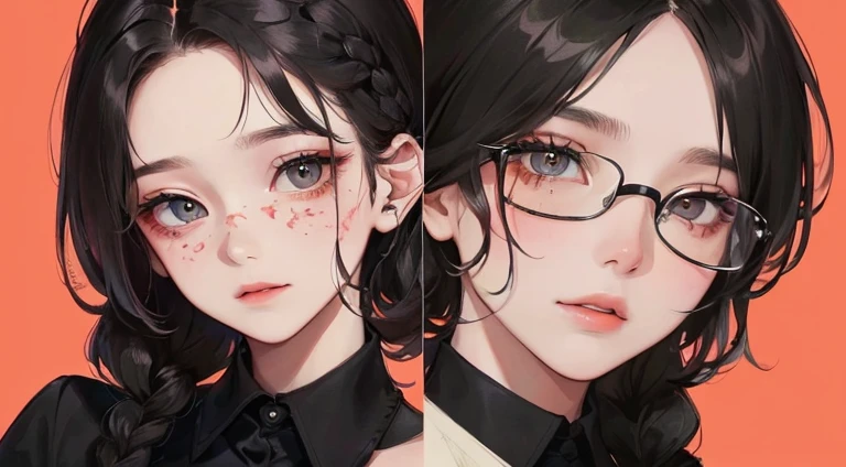 (((One woman)))、(Top resolution、Distinct_image) best qualtiy、((Mottled red background)))、ighly detailed、Semi-realistic、Black hair、eye glass、Braided hairstyle、deadpan、bangss、20yr old、young、((Black shirt))、delicated facial features、Facial featureid-shot、