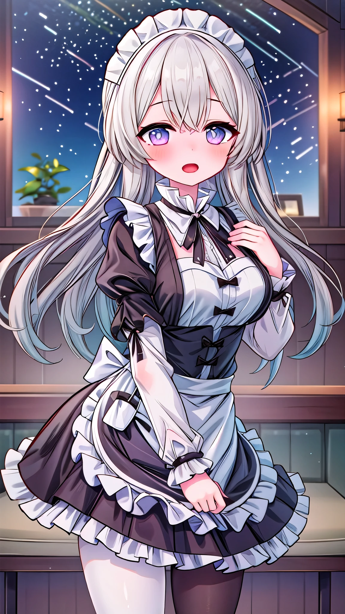 1 Girl, firefly \(Honkai: Star Trails\), Headbands, Solitary, maid, maid headdress, maid apron, embarrassed, Pantyhose, open mouth, blush, Open your mouth, Looking at the audience, Cowboy shooting, bar \(place\), indoors, Depth of Field, masterpiece