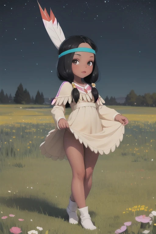 masterpiece, best quality, 1girl, tlily, black hair, twintails, feather hair ornament, headband, dark skin, dress, dress lift, pussy, cum, native american, full body, sketch, looking at viewer, night, meadow background , nude body, tiny hips, 