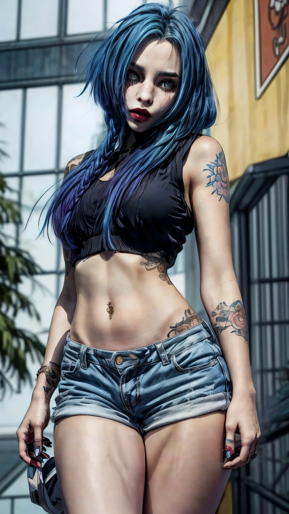 arafed woman with blue hair and tattoos posing for a picture, Noah, Wind Breaker, beautiful blue haired girl, inked and colored, pretty girl with blue hair, inked, with blue hair, chloe price, chloe price from life is strange, tattooed body, jinx from arcane, with tattoos, girl with blue hair, beautiful woman with blue hair, jinx from league of legends