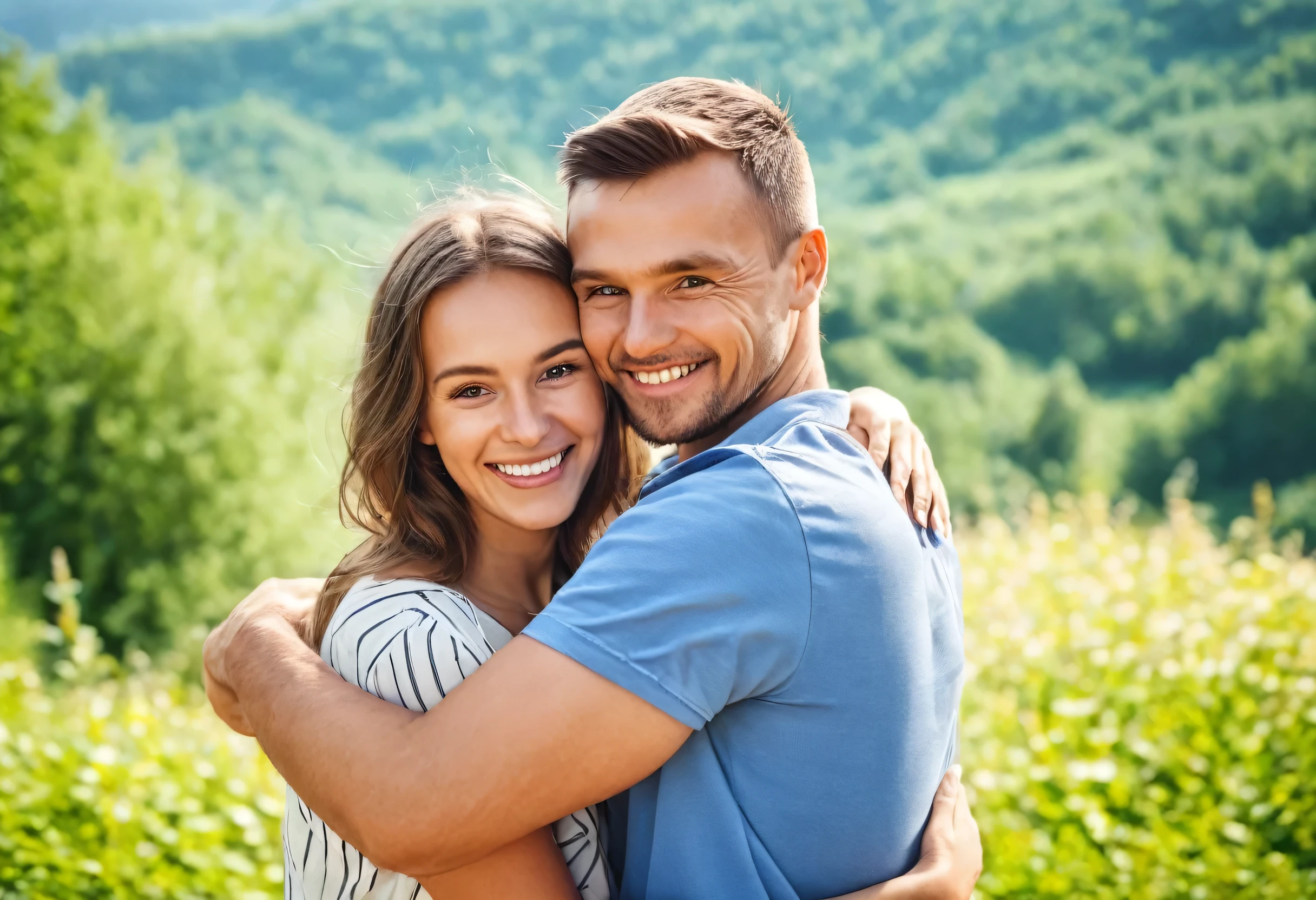 Arafied photo of a man and woman smiling and hugging each other, inspired by Alén Diviš, Instagram, Photorealism, Happy couple, Couple pose, Meeting, Smiling couple, Background Nature, Background bokeh