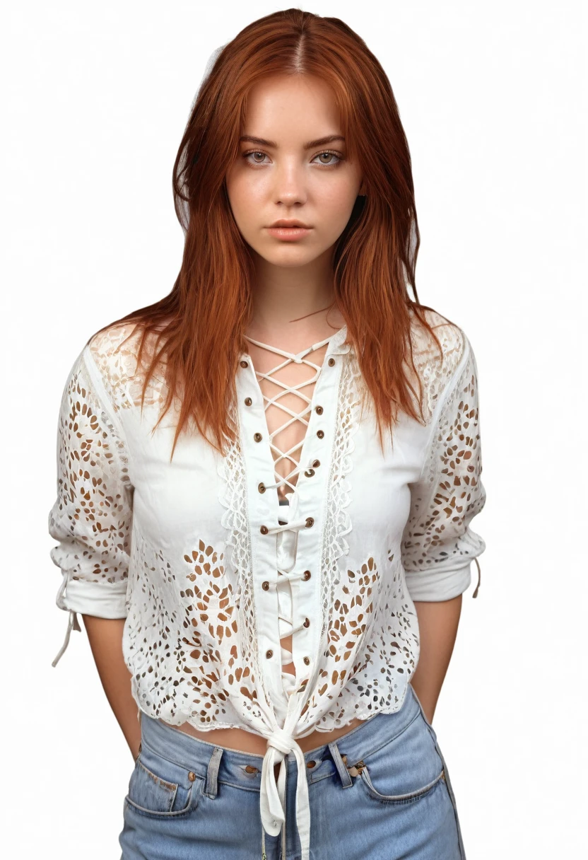 twenty year old woman, straight auburn hair, bohemian style, photorealism, high quality, 8k, 110lbs, 90s style, 1990s, lace up shirt, no background