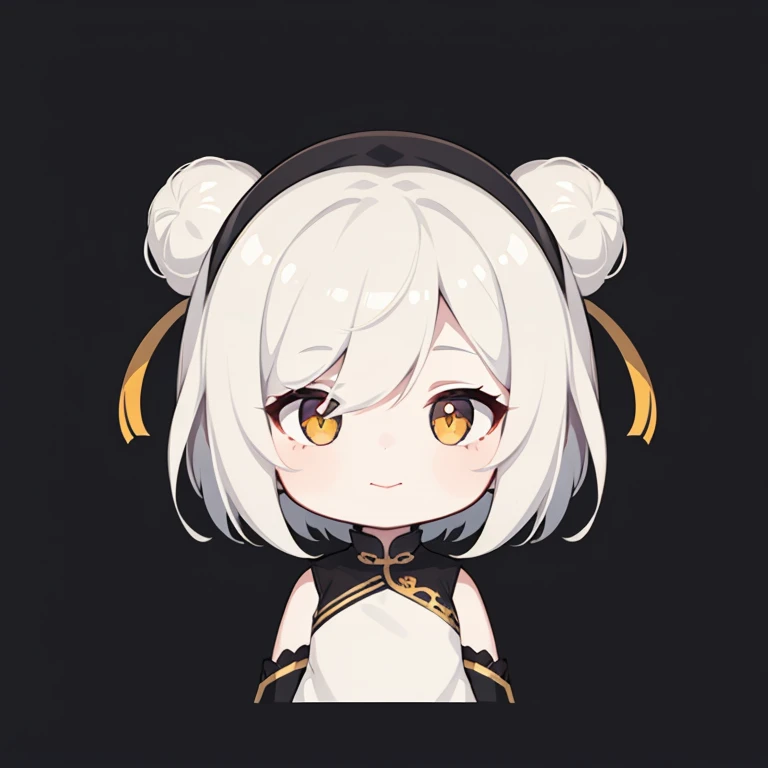 best quality, female, happy, neutral, looking to the side, looking to the left, short hair, white hair, eyes open, pale skin, chibi, white background, cute, chibi, icon, flat icon, headshot,China dress,chinese bun black short hair,bun cover,Yellow Eyes